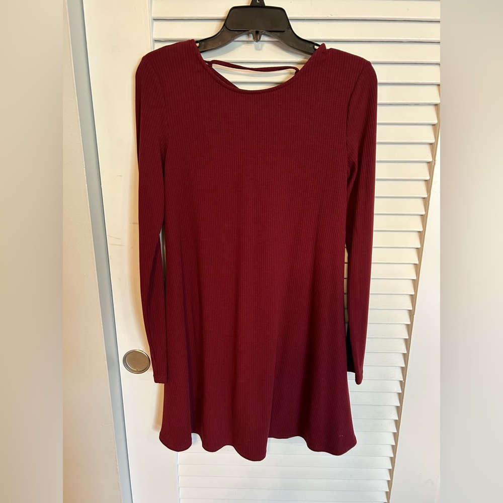 Burgundy Ribbed Long Sleeve Lace Up Back Mini Dress